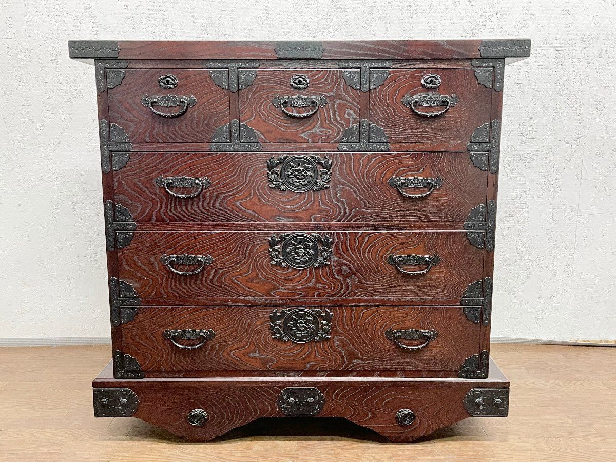 ◇筑後民芸 欅 ケヤキ 車箪笥 時代箪笥 和家具 仙台箪笥調 丸牡丹金具