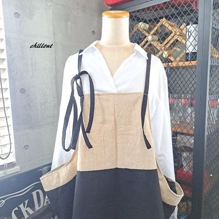 【背中がかわいい】エプロンドレス：リネン×ブラック【0985】
