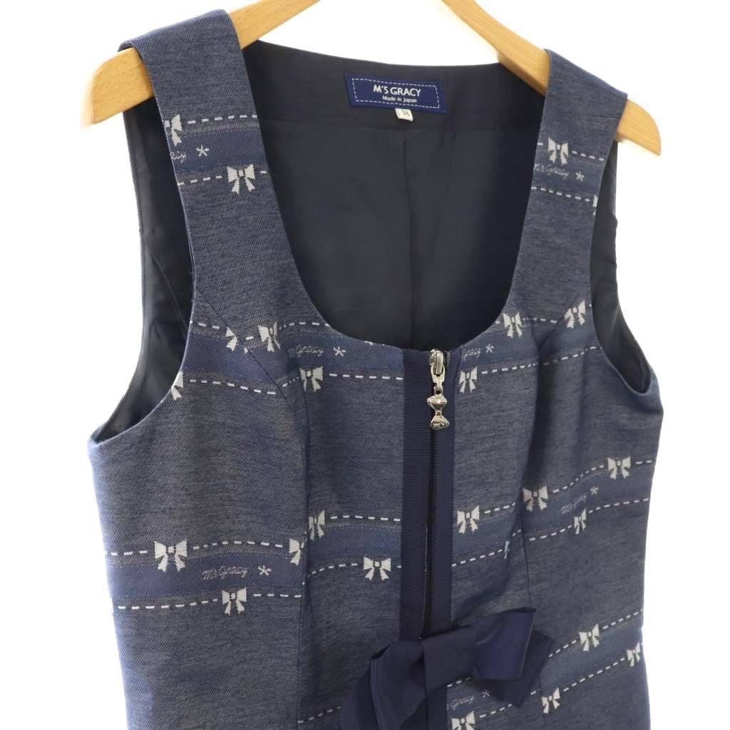 【中古】エムズグレイシー 25年製 リボン柄 ジップアップ デニムライクワンピース ノースリーブ ロング 38 紺 白 エムズグレイシー M'S GRACY 25年製 リボン柄 ジップアップ デニム