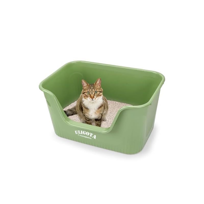 ULIGOTA 超大型猫用トイレ オープンタイプ 大きい猫 多猫 トイレ本体 簡単掃除 清潔 飛散防止 一体成形 幅64×奥45×高33cm【入り口までの高さ】14.4cm グリーン 1