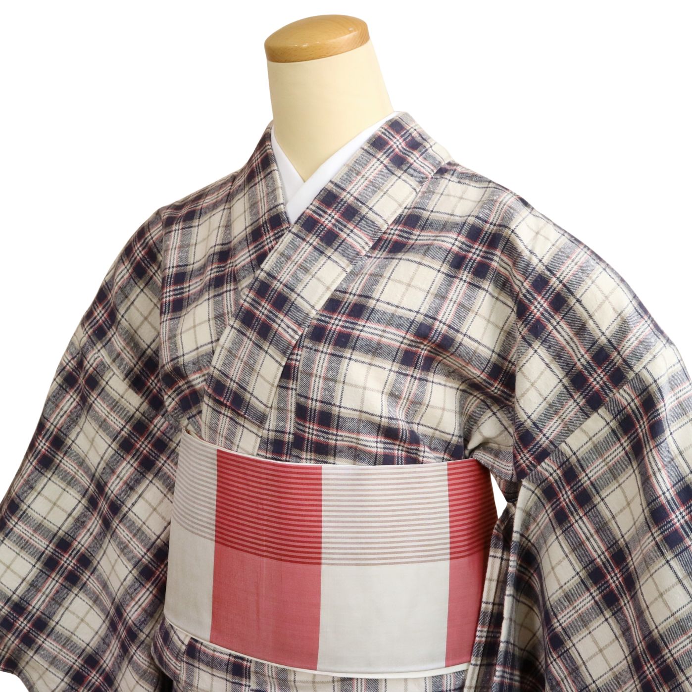 レディース ほっこり着物 ネル生地 クリーム＆パープル チェック ～ひでや工房～