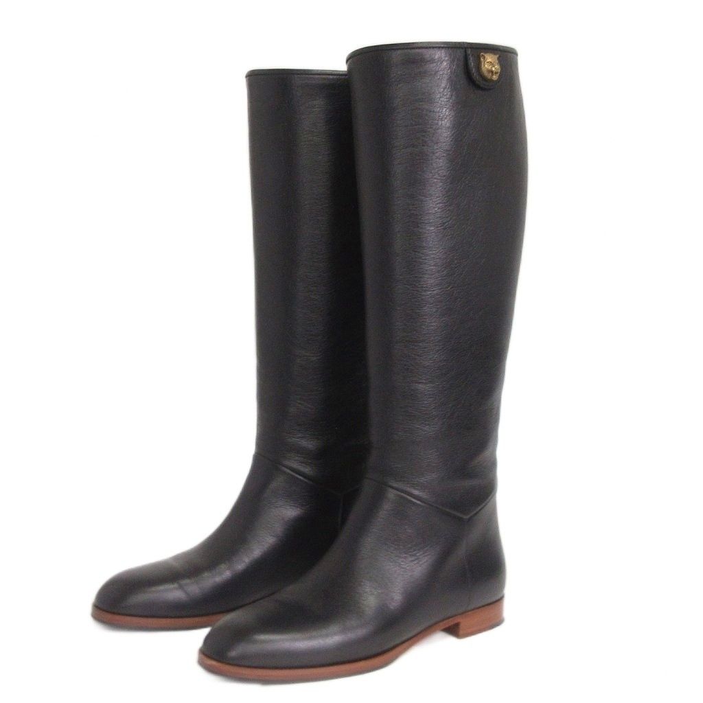 グッチ GUCCI 美品 ロングブーツ タイガーヘッド レザー 黒 ブラック