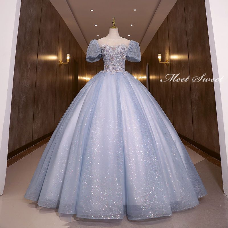 ウェディングドレス ウエディングドレス ドレス ロングドレス 演奏会 イブニングドレス プリンセスラインドレス ステージドレス 舞台衣装 発表会ドレス コンサート コンクール 大人 青 ブルー 袖付き 結婚式 花嫁 二次会 パーティードレス