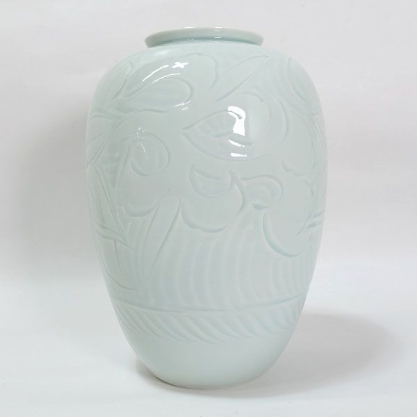 有田焼 小野琥山 ◇【花器】有田焼/小野琥山 青磁彫 花瓶 ギフト【未使用】