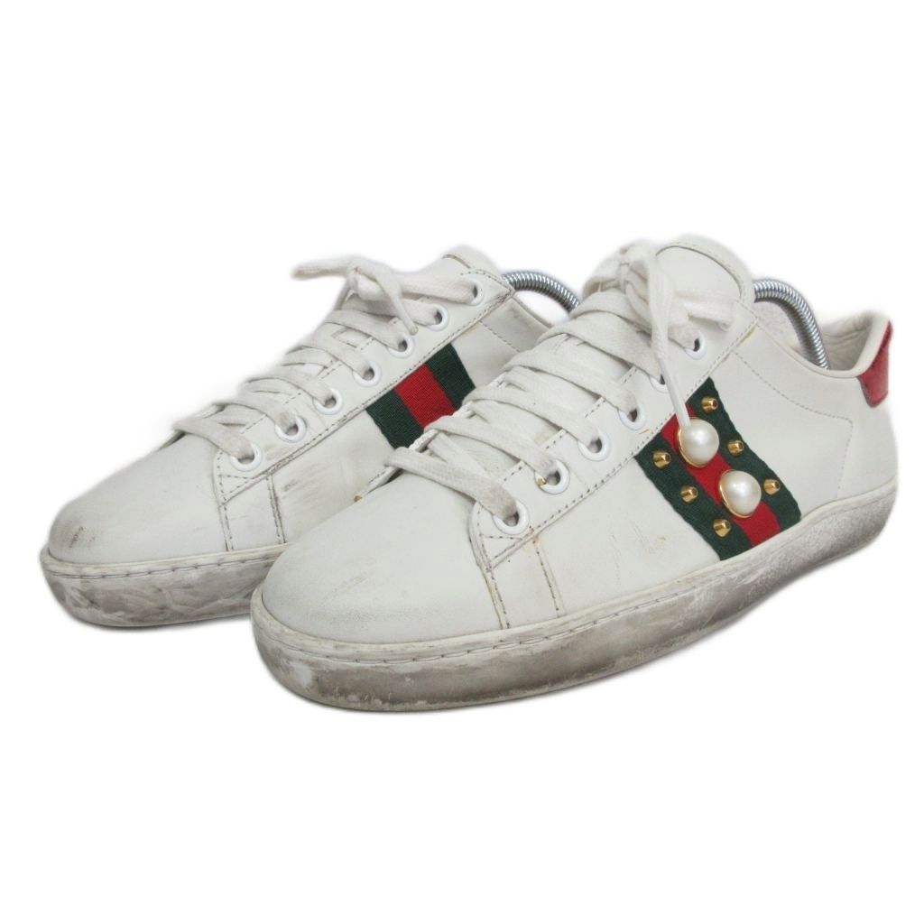 Gucci ホワイト スニーカー パール装飾 グッチ GUCCI ACE エース パールスタッズ ローカットスニーカー