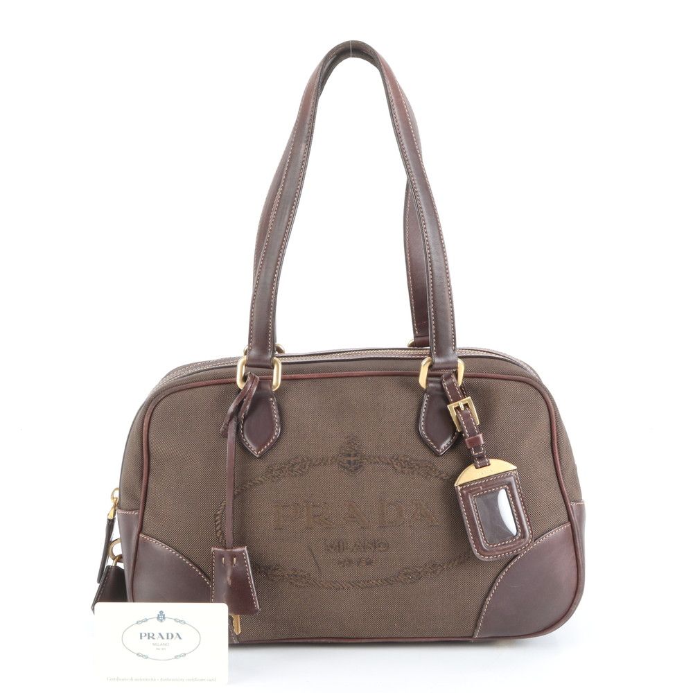 極美品 プラダ ギャランティカード付 ロゴ ジャガード ミニ ボストン