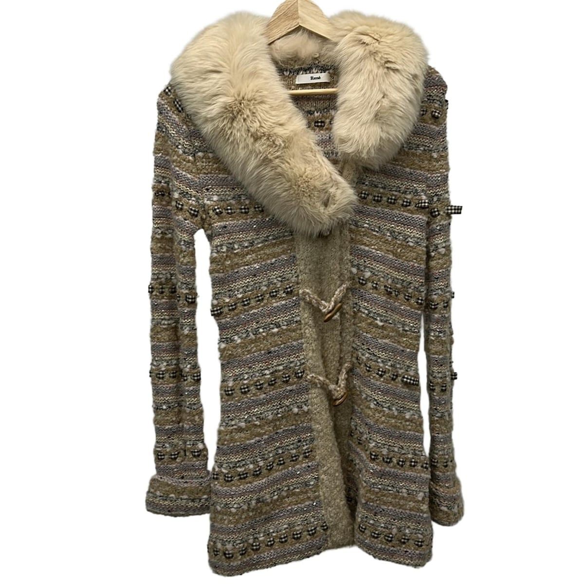 Rene ルネ ダッフルコート サイズ36 S レディース - ベージュ×ピンク×マルチ 長袖 フォックス ニット ツイード 春 秋