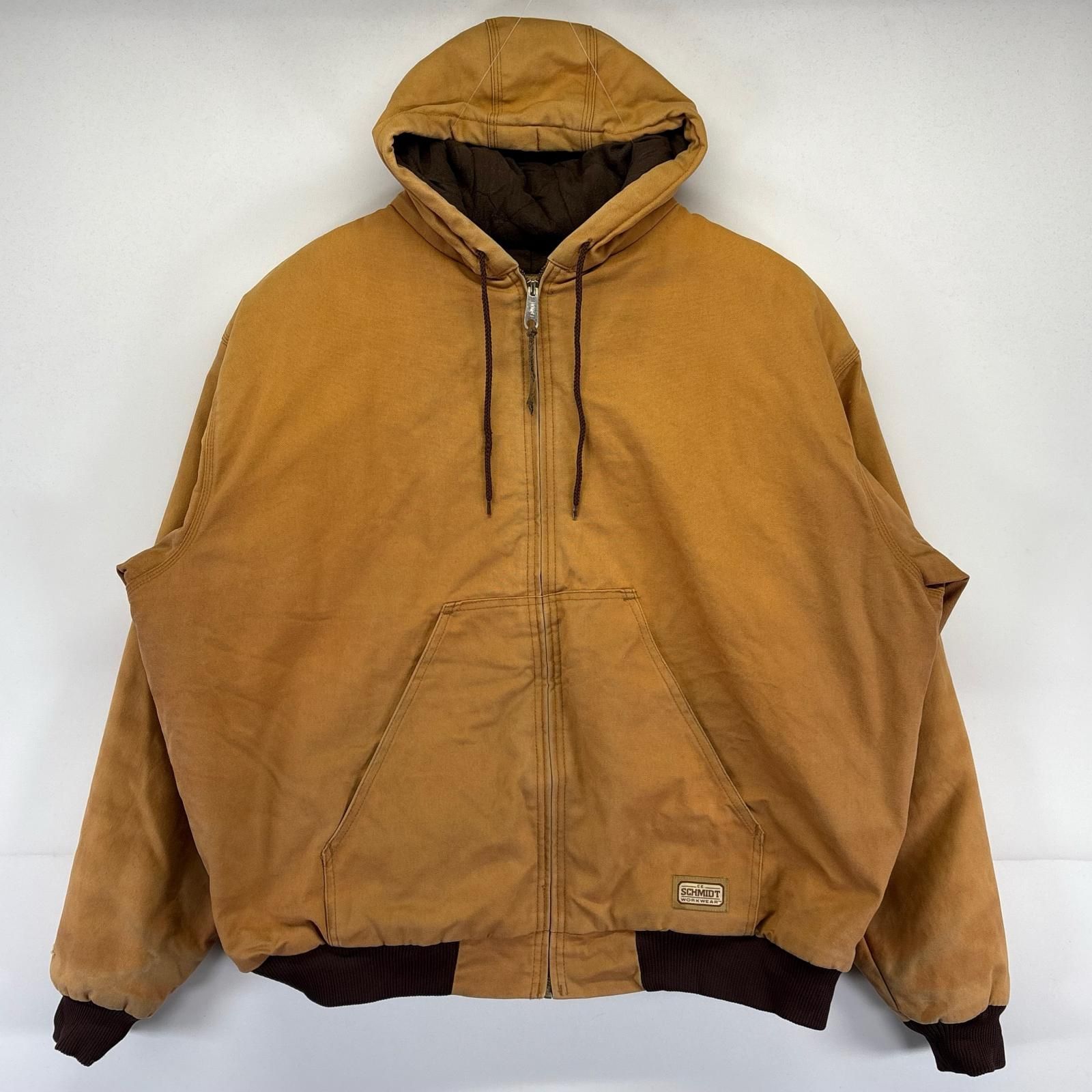SCHMIDTダック地アクティブジャケット裏地ボアフーディ茶色4XL古着CBOY 古着 SCHMIDT ワークジャケット 大きいサイズ ダック地 アクティブ