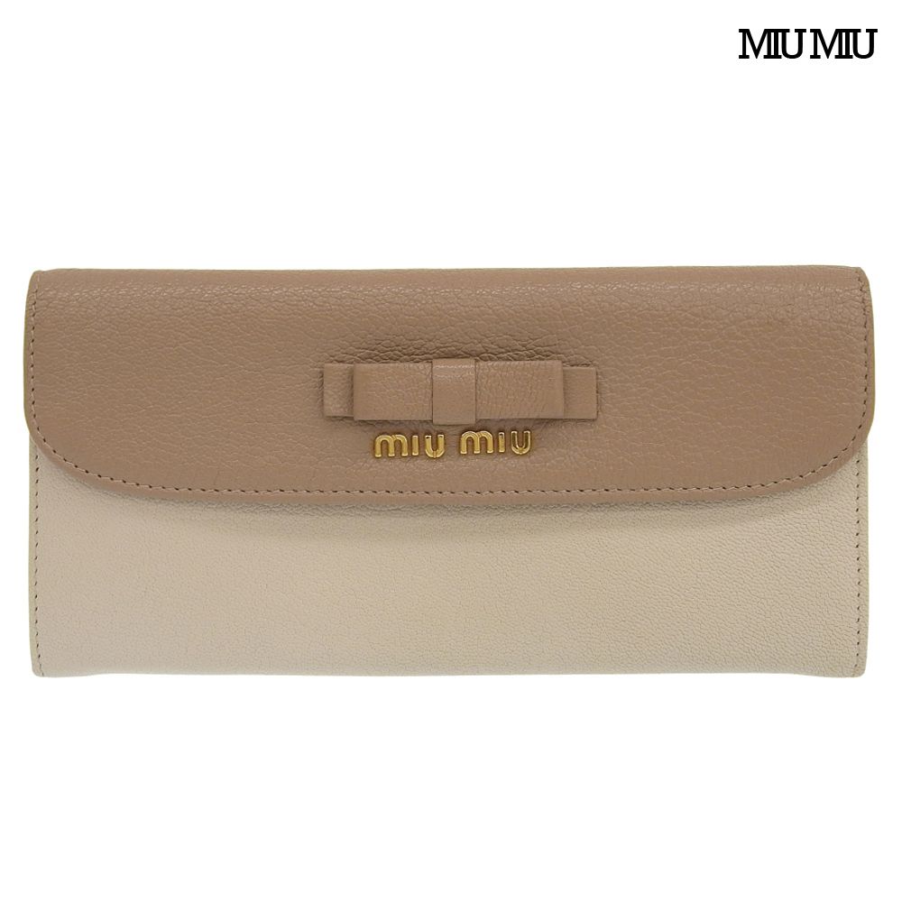 超美品 ミュウミュウ MIUMIU 現行ロゴ MADRAS ダスティピンクリボン レザー ロングウォレット 二つ折り財布 バイカラー 小銭入 レディ ほぼ未使用