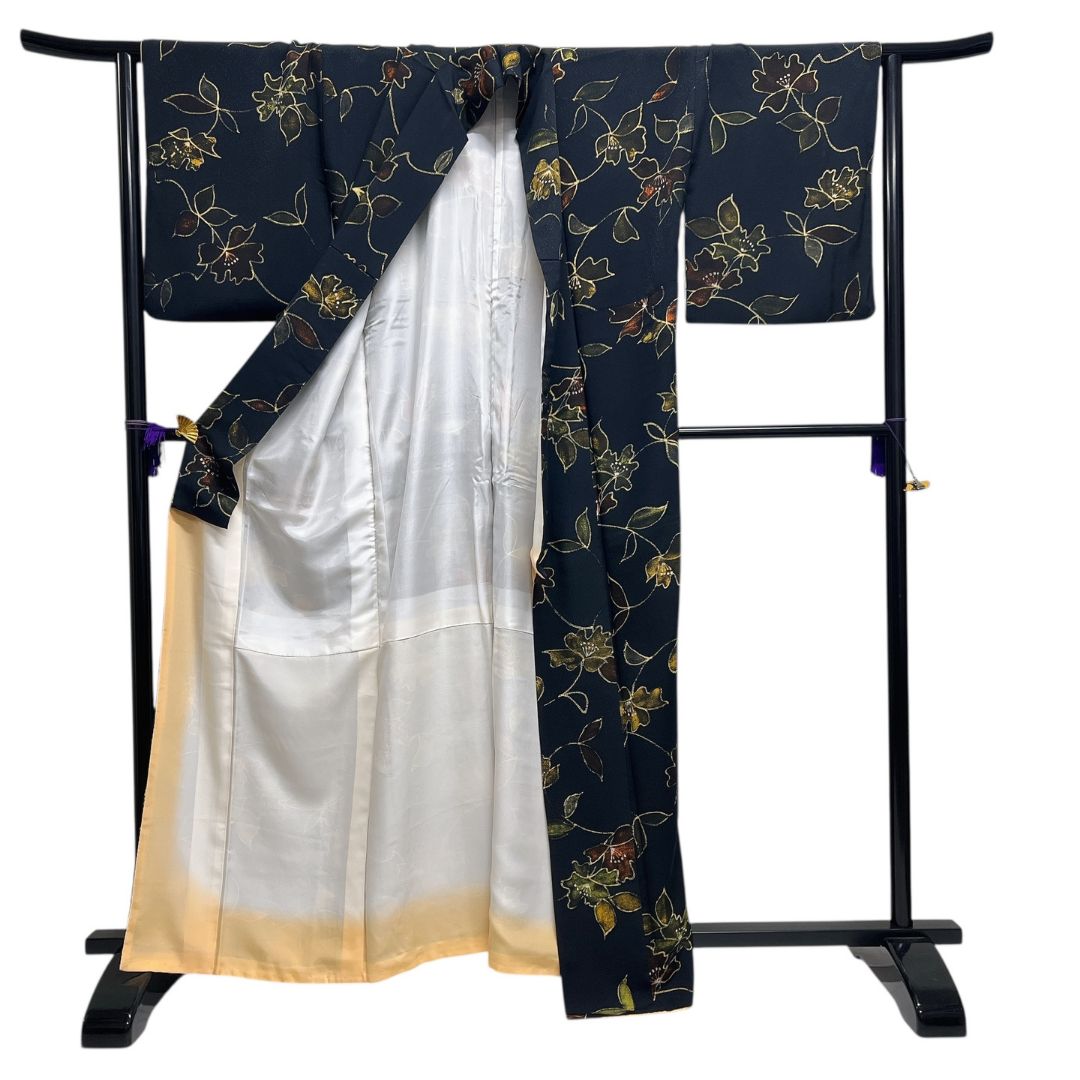 小紋 花模様 リーフ 黒地 お洒落 モード 着物 114b d ms - メルカリ