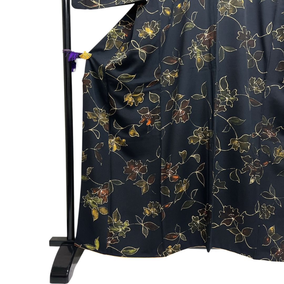 小紋 花模様 リーフ 黒地 お洒落 モード 着物 114b d ms - メルカリ