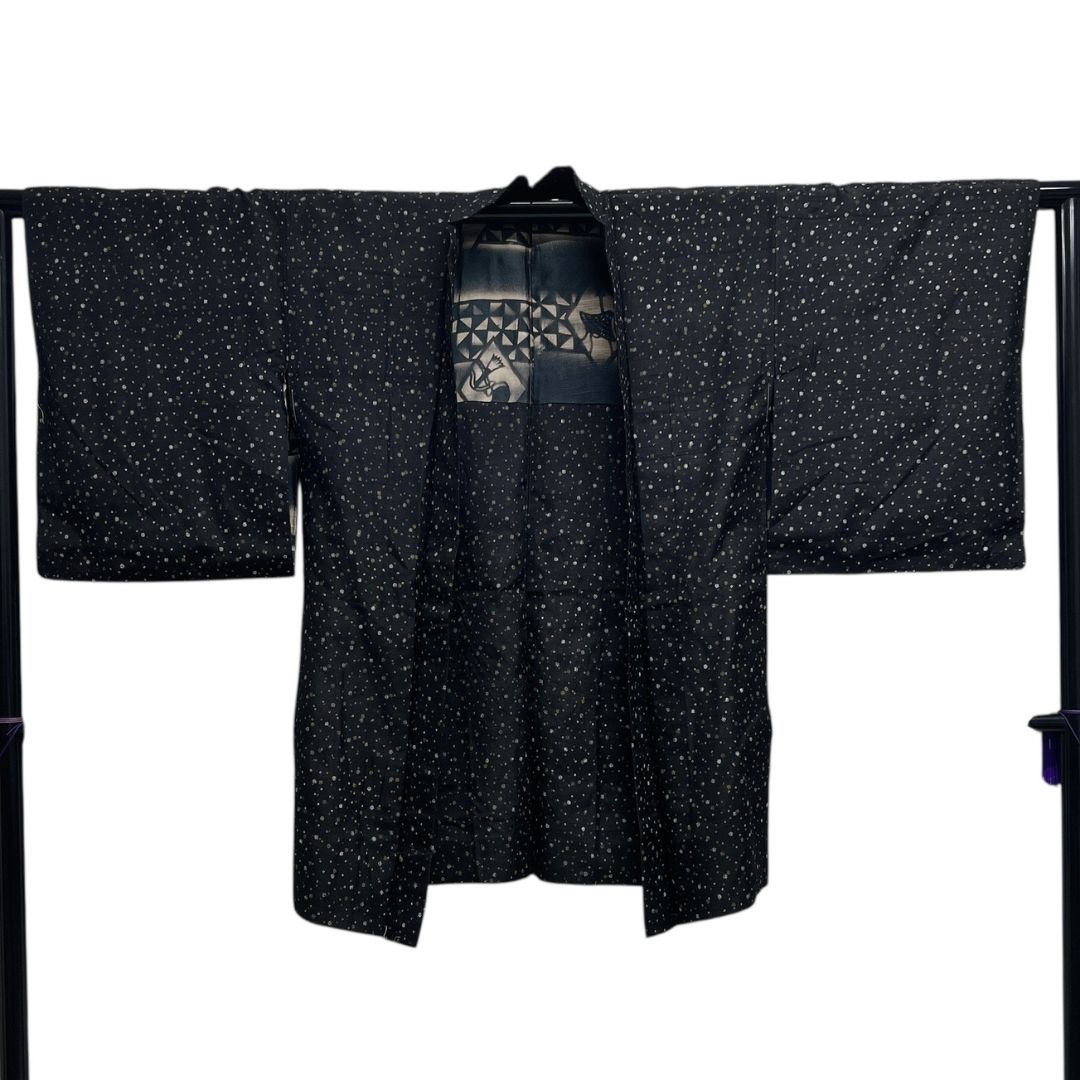 アンティーク 羽織 紬 小花 黒地 花模様 着物 114 b d ms