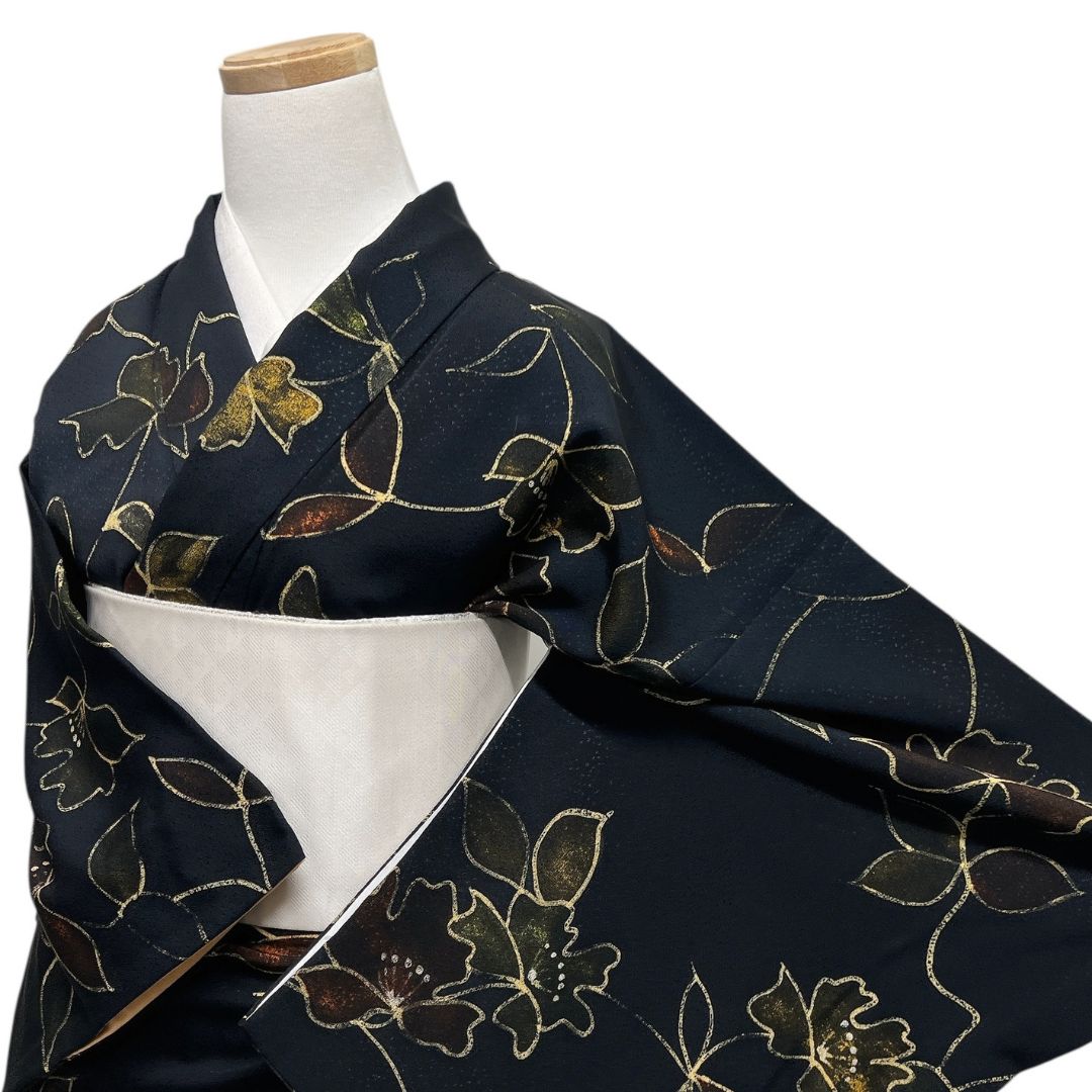 小紋 花模様 リーフ 黒地 お洒落 モード 着物 114b d ms - メルカリ