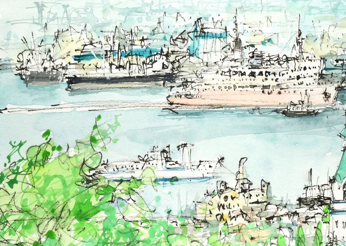 小田切 訓「海峡の町（函館）」水彩画・5号 全国百貨店個展多数 「一枚