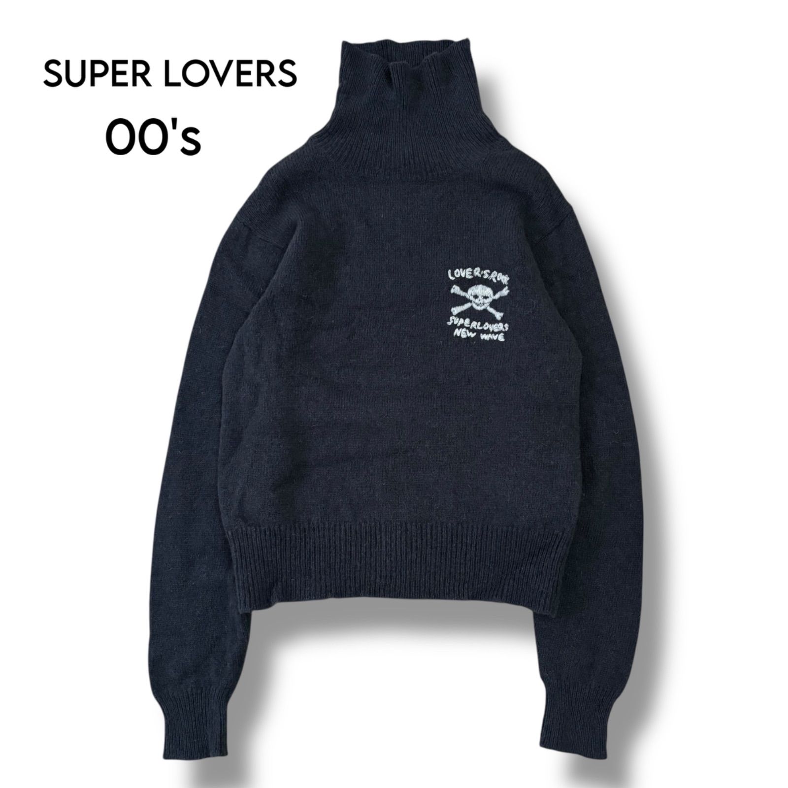 SUPER LOVERS 】Y2K/00s ハイネックニット スカル＆ロゴ刺繍入り M 
