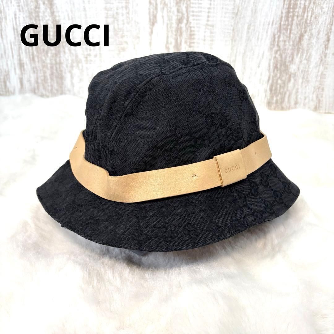 GUCCI グッチ GG総柄 レザーリボン キャンバス バケットハット 帽子 ブラック