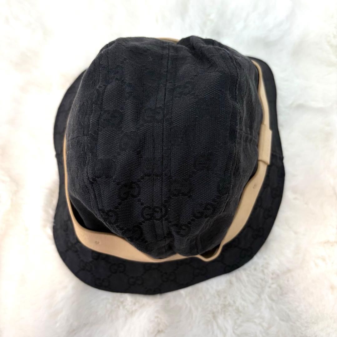 GUCCI グッチ GG総柄 レザーリボン キャンバス バケットハット 帽子