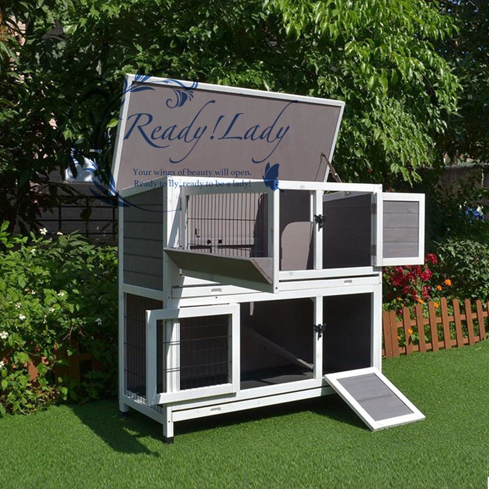 2階建て木製ウサギ バニーハッチ屋内屋外ウサギハウスモルモットケージペットハウス換気ドア取り外し なトレイ防水屋根付き