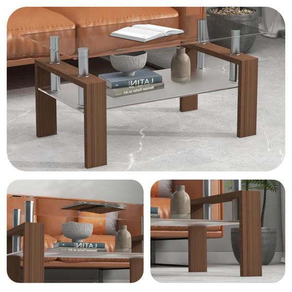 ガラステーブル センター 幅88cm 強化ガラス天板 収納付 二段収納 棚