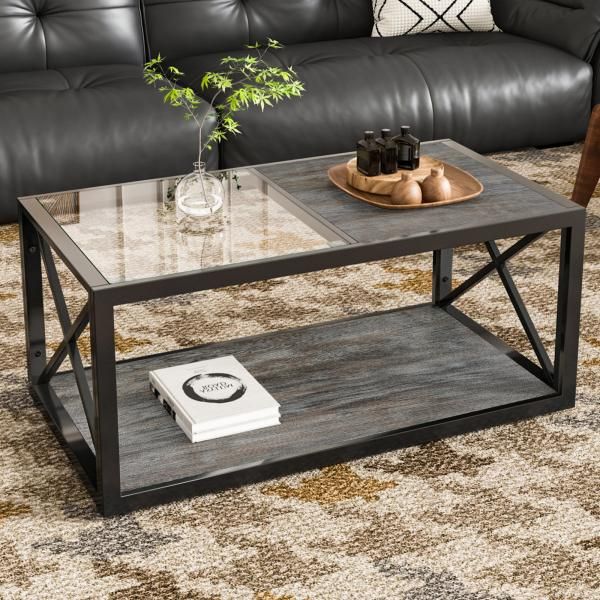 センターテーブル ガラステーブル 長方形 強化ガラス天板 ウッド調MDF