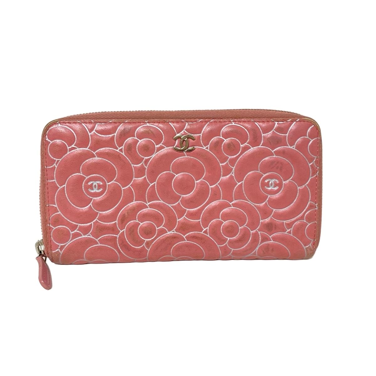 CHANEL(シャネル) 長財布 カメリア ライトピンク×シルバー レザー