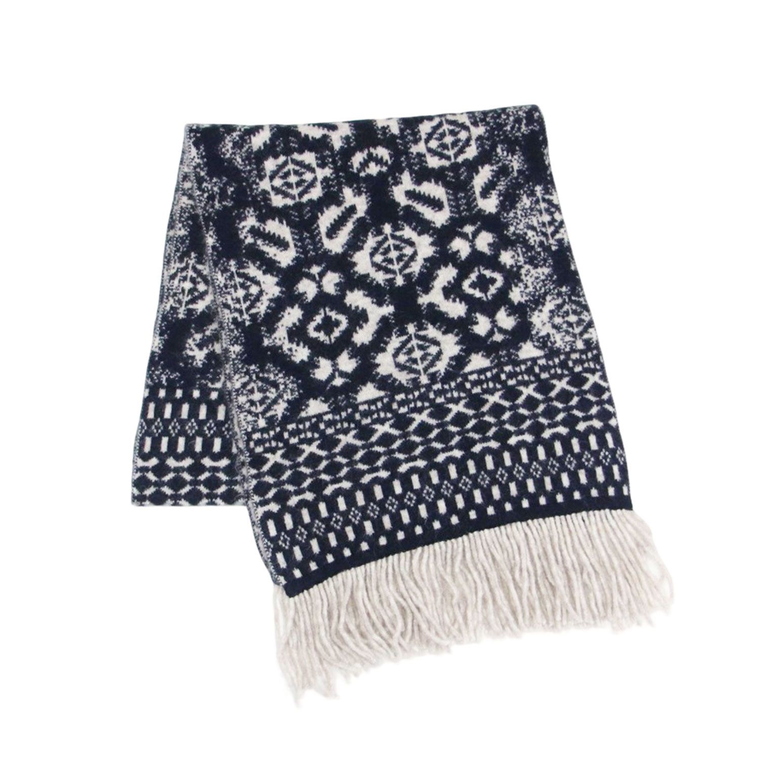 S Max Mara エス マックスマーラ マフラー ネイビー ベージュ | ジャガード マフラー / ストール 大判 総柄 フリンジ | ブランド ファッション アイテム 小物 雑貨【レディース】【中古】【K4641】 S Max Mara エス マックスマーラ マフラー ネイビー ベージュ