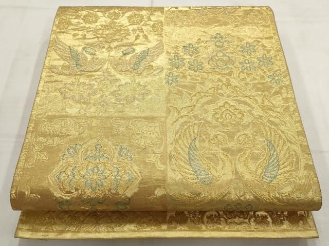 平和屋着物▽西陣 高島織物謹製 六通柄袋帯 色紙花鳥文 青銅箔 金銀糸