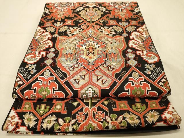 平和屋着物◎六通柄 本袋帯 更紗飾花文 黒地 金糸 正絹 逸品