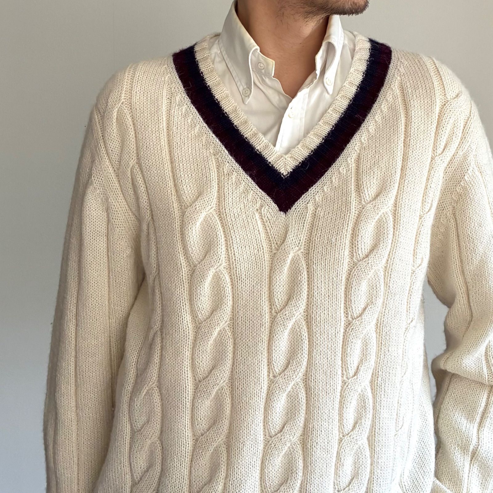 アルパカ100% グレー Vネックセーター ベビーアルパカ100%セーター メンズ Vネック ライトグレー M アルパカ100% Vネックニット Lサイズ