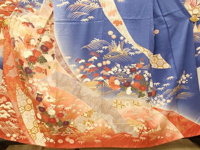 平和屋着物○豪華振袖 型染め 流水花鳥文 鬼しぼ縮緬 正絹 逸品