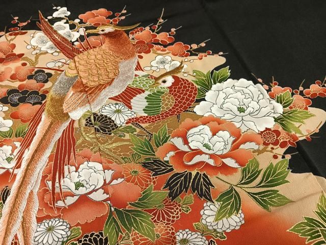 平和屋着物□豪華黒留袖 刺繍 孔雀花文 金銀糸 金彩 正絹 逸品