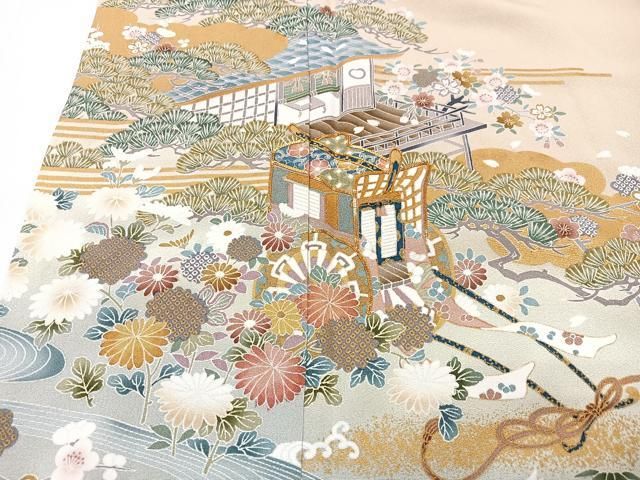 平和屋着物○豪華色留袖 駒刺繍 漁 海老 鯛 網 立波 金彩 正絹