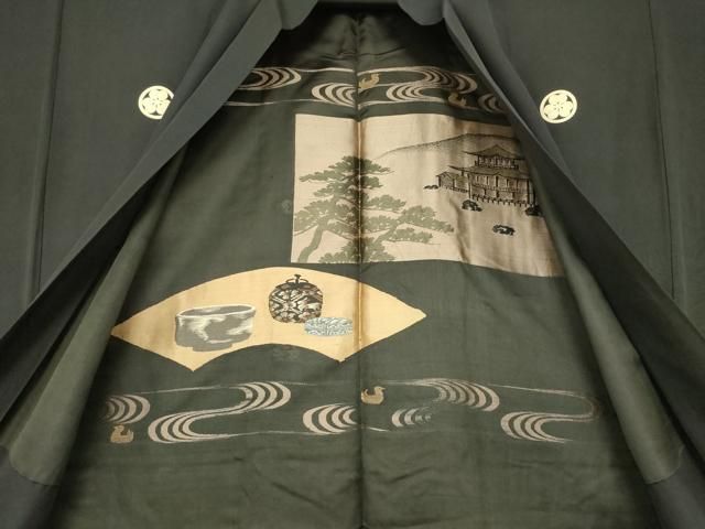 平和屋着物○男性 黒紋付 羽織 羽裏：風景文 正絹 逸品 AABD7602ck