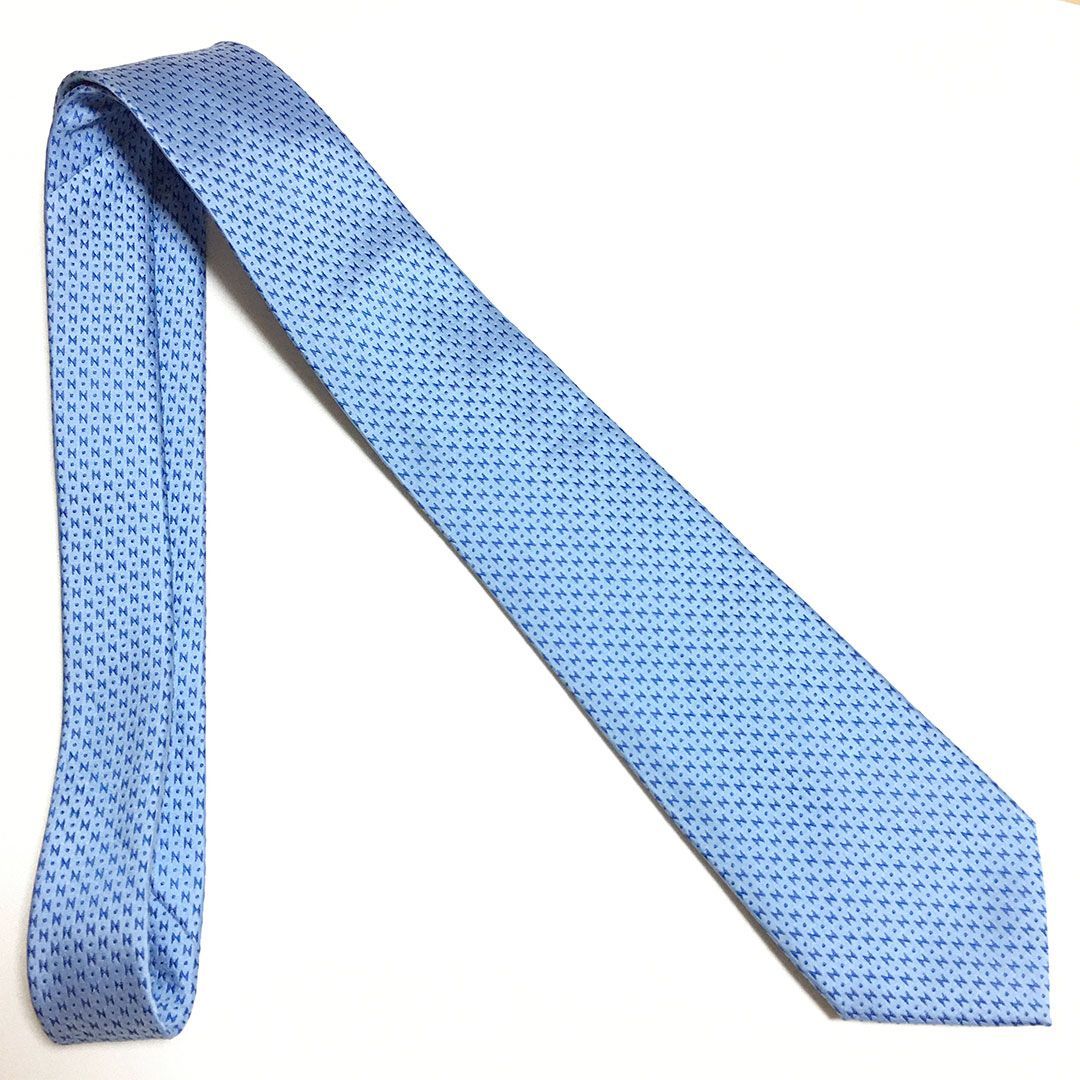 未使用級 エルメス HERMES ネクタイ シルク100% ブルー 総柄 2511-155