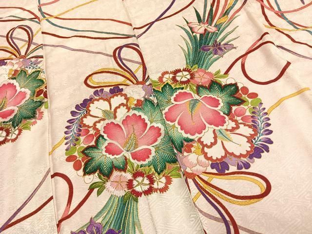 平和屋着物●セミアンティーク　振袖　駒刺繍　草花文　金糸　金彩　正絹　逸品　AABD0672fy 平和屋着物○セミアンティーク 振袖 駒刺繍 草花文 金糸 金彩 正絹