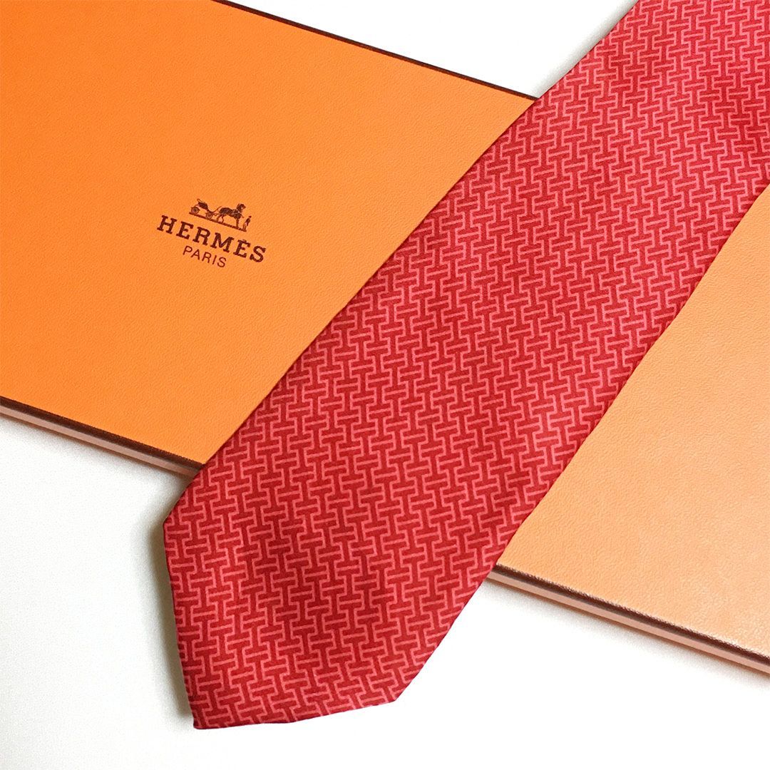 未使用級 エルメス HERMES ネクタイ シルク100% レッド H柄 2511-157