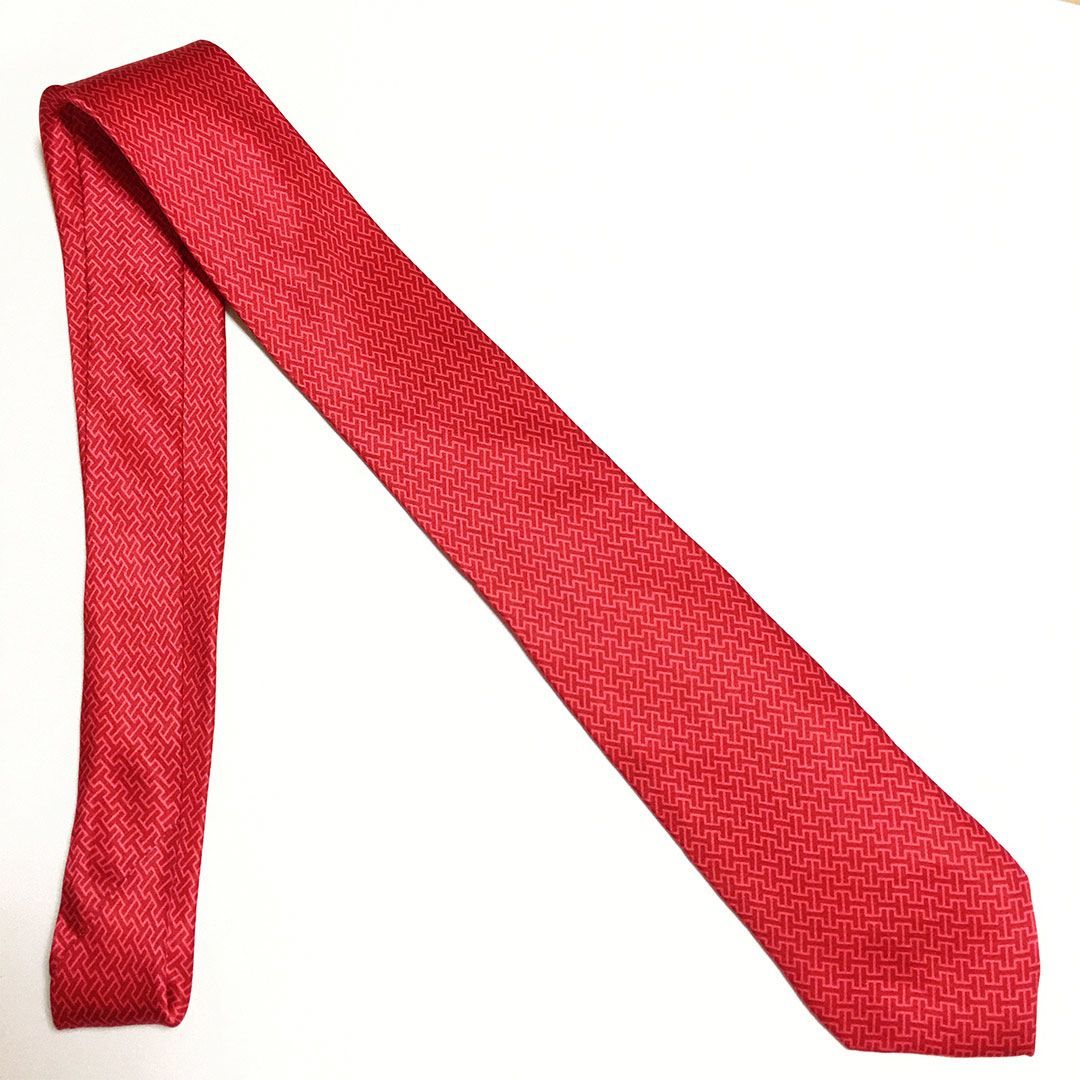 未使用級 エルメス HERMES ネクタイ シルク100% レッド H柄 2511-157