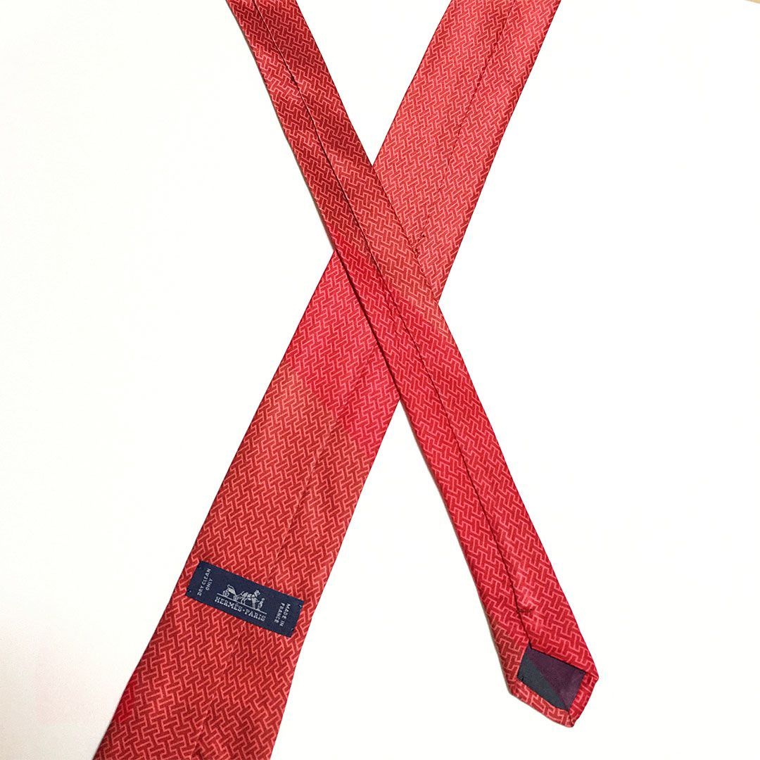 未使用級 エルメス HERMES ネクタイ シルク100% レッド H柄 2511-157