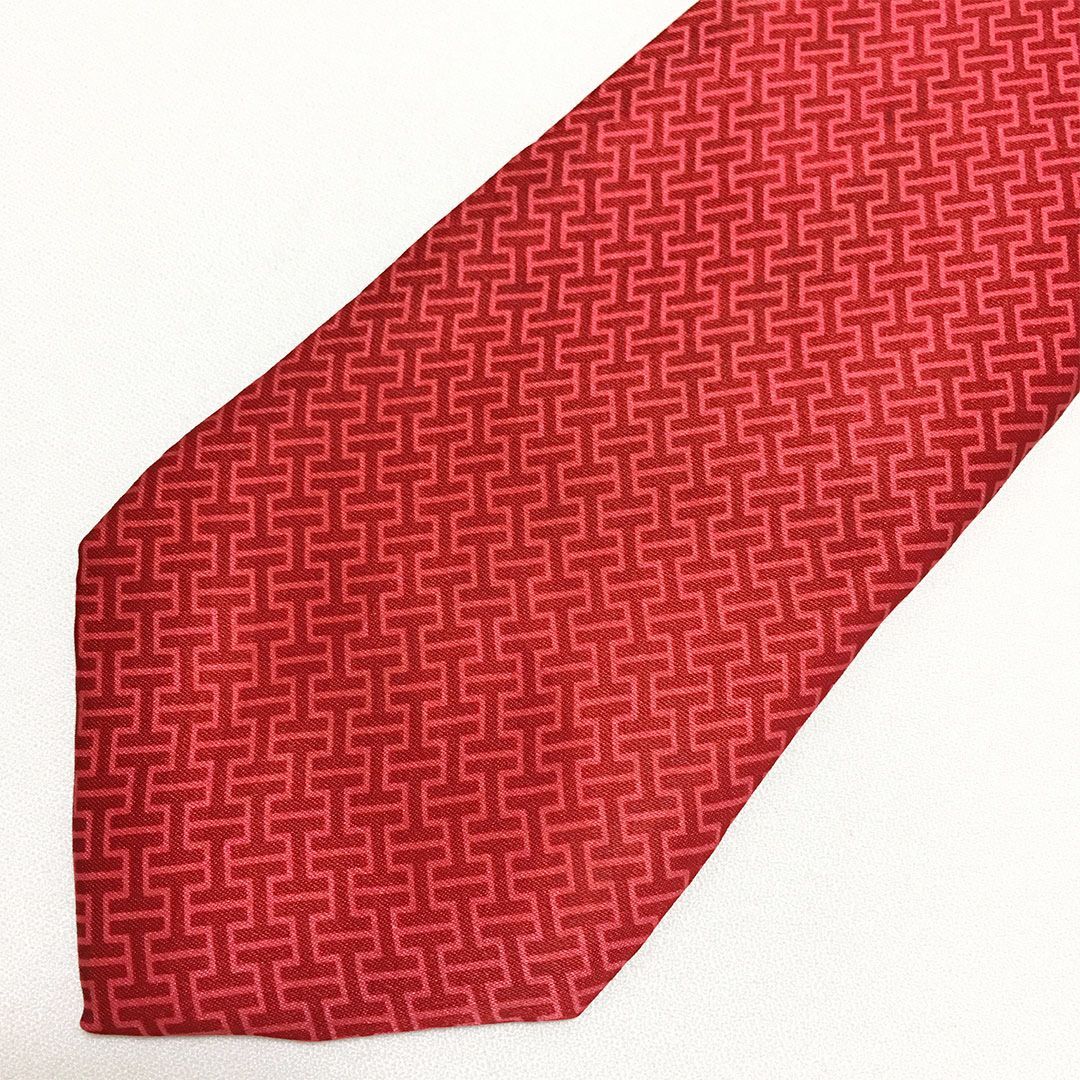 未使用級 エルメス HERMES ネクタイ シルク100% レッド H柄 2511-157