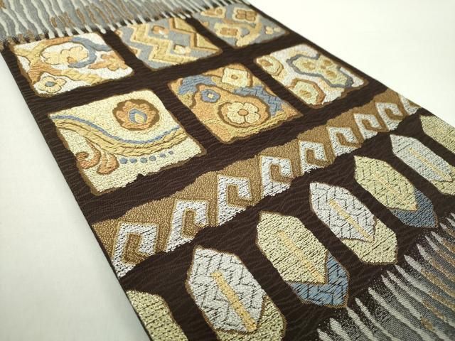 平和屋着物●六通柄袋帯　唐織　珀稜　色紙花文　金銀糸　正絹　逸品　DAAZ0809ps 平和屋着物○六通柄袋帯 唐織 珀稜 色紙花文 金銀糸 正絹 逸品