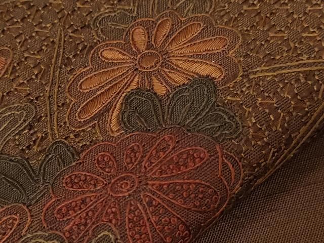 平和屋着物○中国三大刺繍 スワトウ刺繍 相良刺繍 太鼓柄袋帯 紬地 地