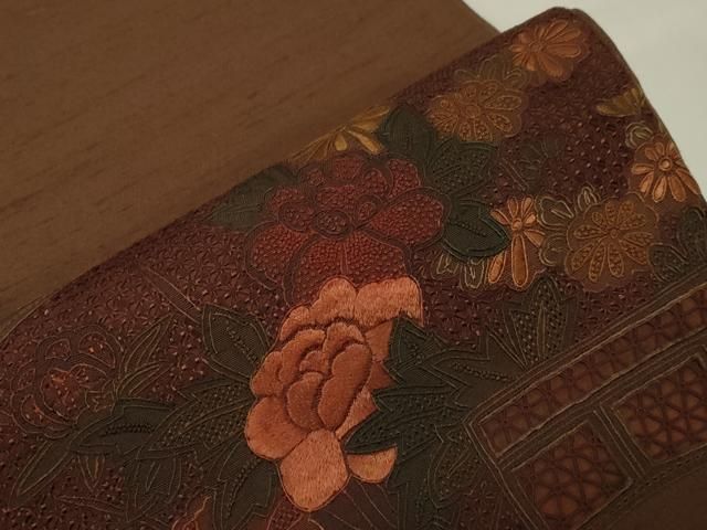 平和屋着物○中国三大刺繍 スワトウ刺繍 相良刺繍 太鼓柄袋帯 紬地 地