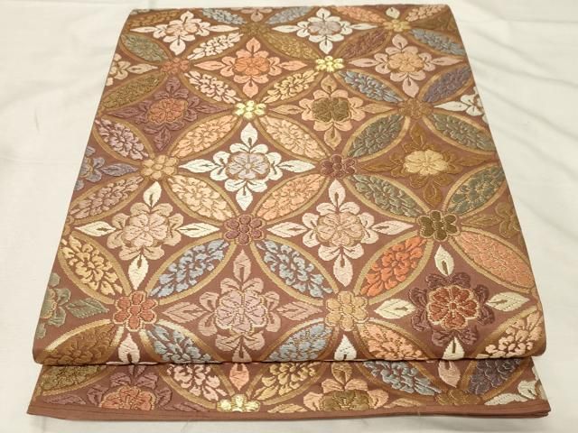 平和屋着物●六通柄袋帯　唐織　草木染　七宝花文　金糸　正絹　逸品　CABA2294dy 平和屋着物○六通柄袋帯 唐織 草木染 七宝花文 金糸 正絹 逸品