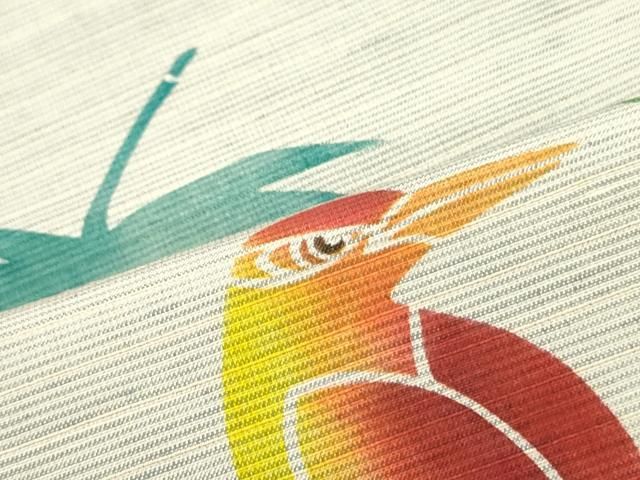 平和屋着物●両面　太鼓柄袋帯　紬地　型染め　休み鳥葉文　正絹　逸品　DAAY0451ob 平和屋着物○両面 太鼓柄袋帯 紬地 型染め 休み鳥葉文 正絹 逸品