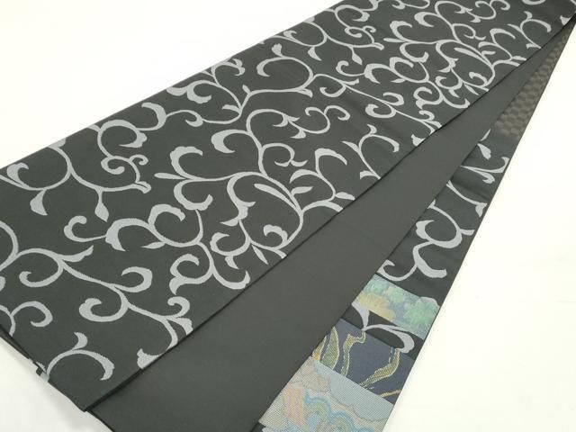 平和屋着物○六通柄袋帯 本場大島紬地 切嵌 花唐草横段文 黒地 さが美
