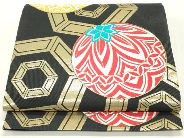 平和屋着物●六通柄袋帯　唐織　鞠文　黒地　金糸　正絹　逸品　DAAY0486ob 平和屋着物○六通柄袋帯 唐織 鞠文 黒地 金糸 正絹 逸品 DAAY0486ob