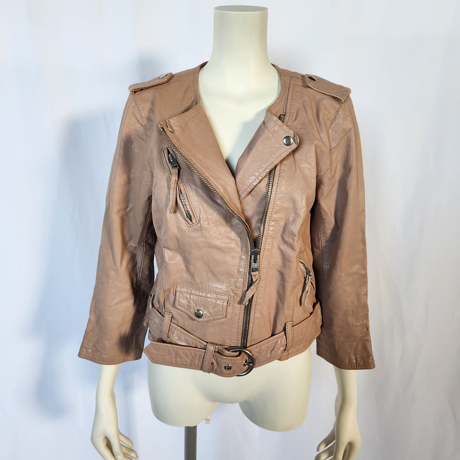 美品『オールセインツ』ダブルライダースレザーバイカージャケット 羊革 ベージュ オールセインツ All Saints ダブルライダース レザージャケット