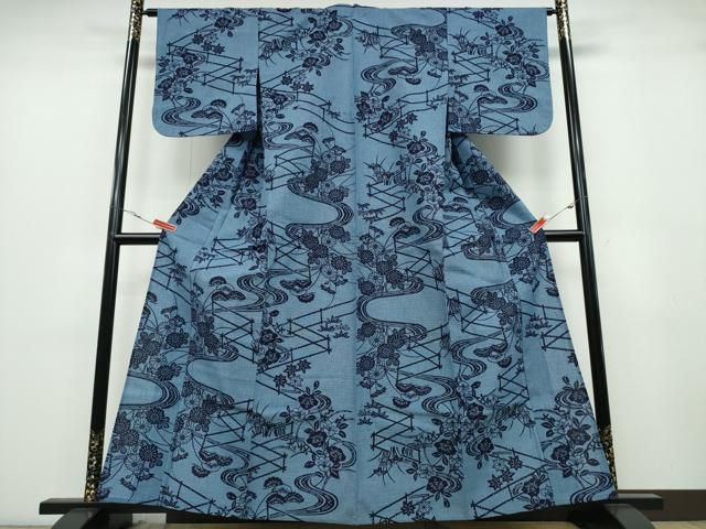 平和屋着物∴夏物 浴衣 竹垣流水花文 綿 逸品 CABA0493ng