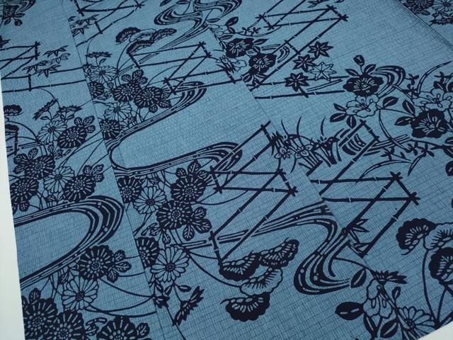 平和屋着物∴夏物 浴衣 竹垣流水花文 綿 逸品 CABA0493ng