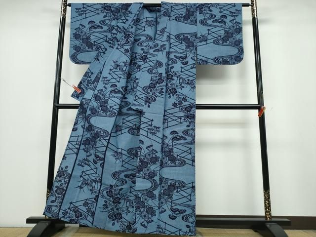 平和屋着物∴夏物 浴衣 竹垣流水花文 綿 逸品 CABA0493ng